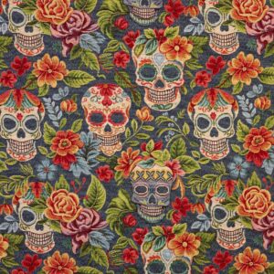 Tela Jacquard Gobelino Calaveras Azul