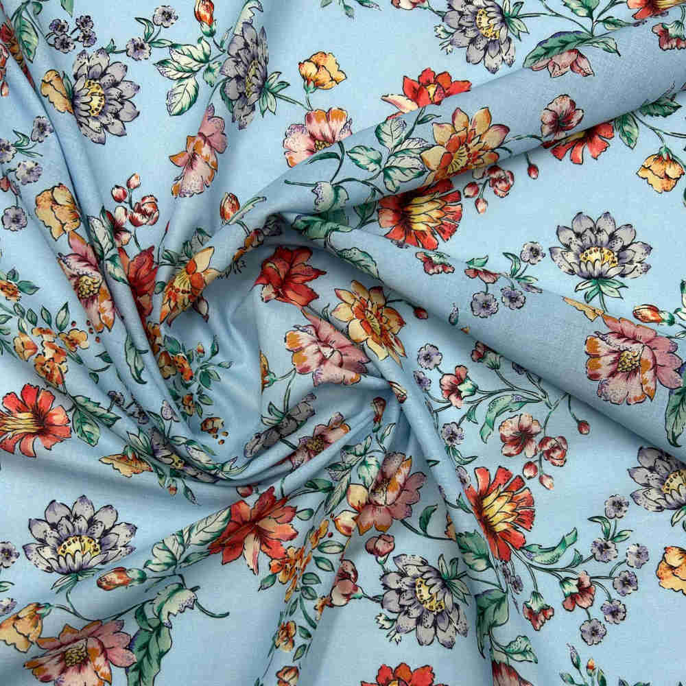 blue floral printed cotton batiste fabric