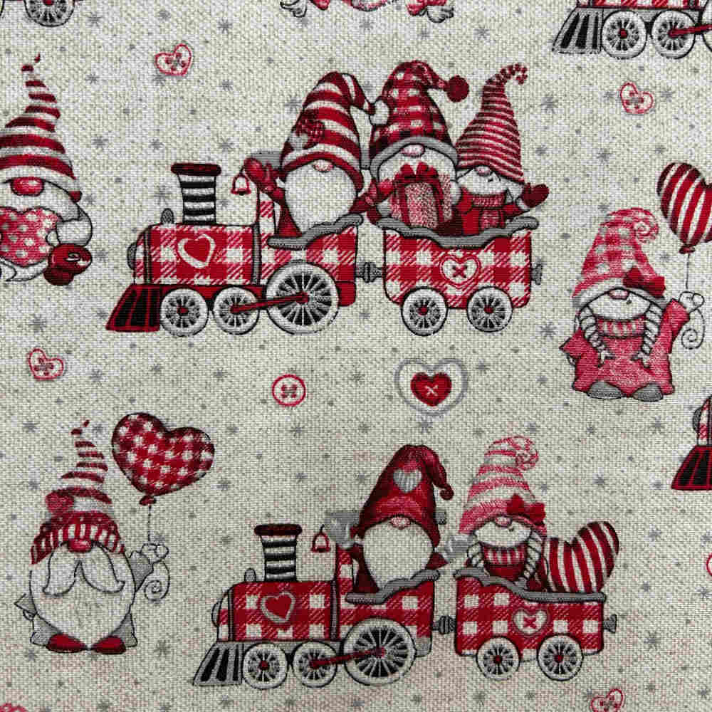 Printed canvas fabric Christmas trains and gnomes