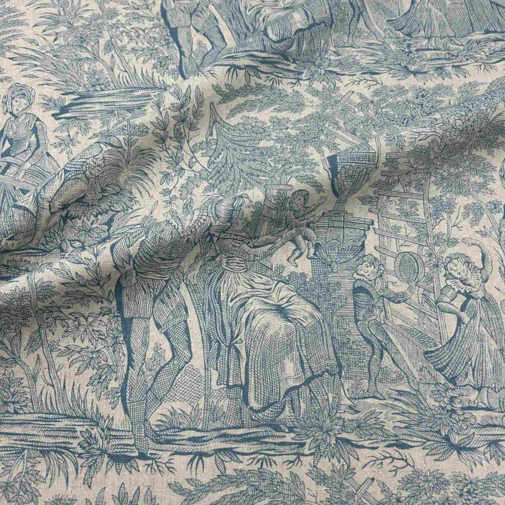 tissu en lin et coton imprimé toile de jouy bleu