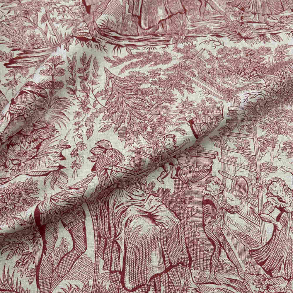 tissu toile de jouy en coton et lin bordeaux