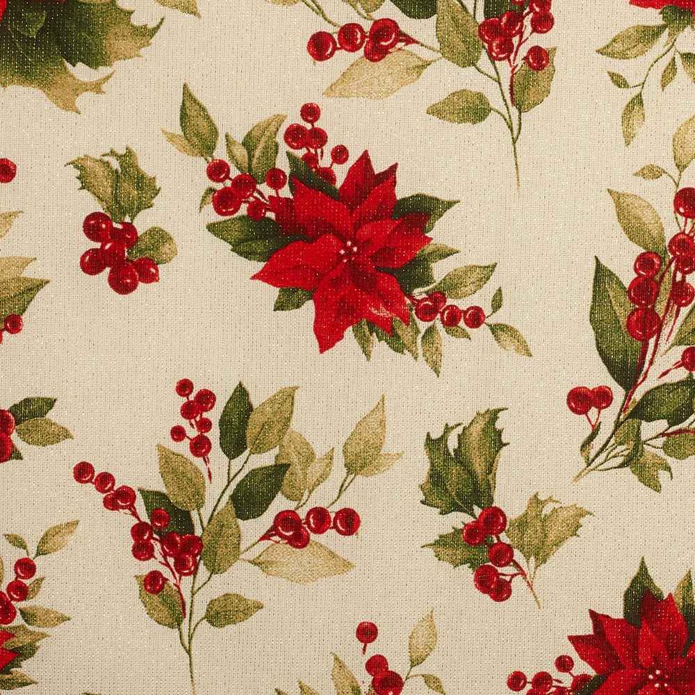 tissu toile semi-panama imprimé Noël poinsettia lurex or doré