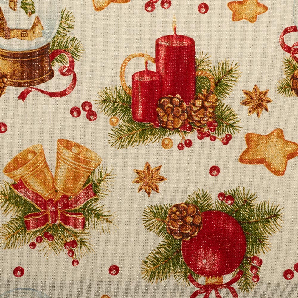 Half Panama canvas fabric printed with Christmas candles and bells, golden lurex