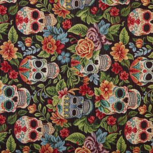 tela tapicería jacquard gobelino calaveras negro