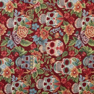 tela tapicería jacquard gobelino calaveras rojo