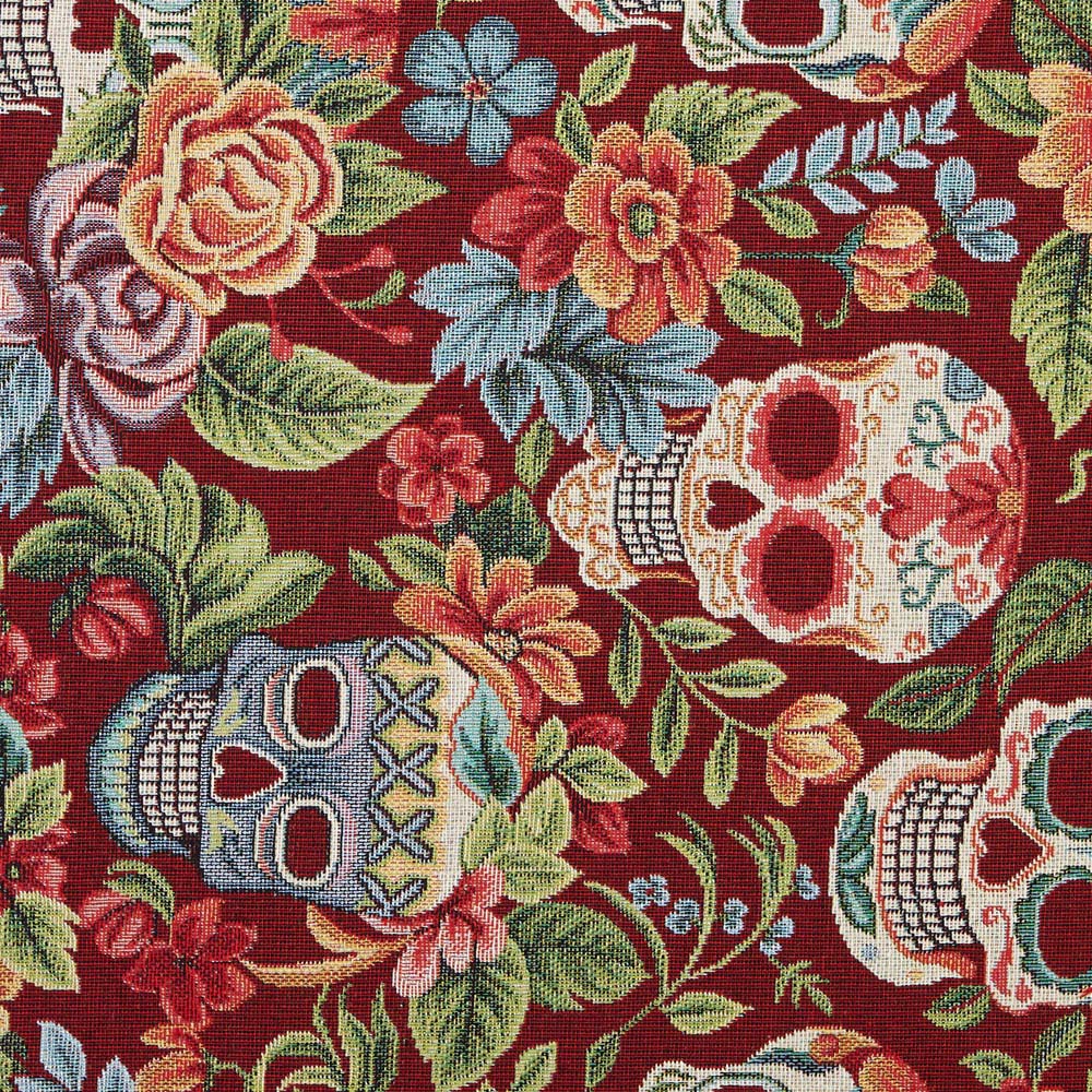 tissu d'ameublement jacquard gobelin têtes de mort rouges