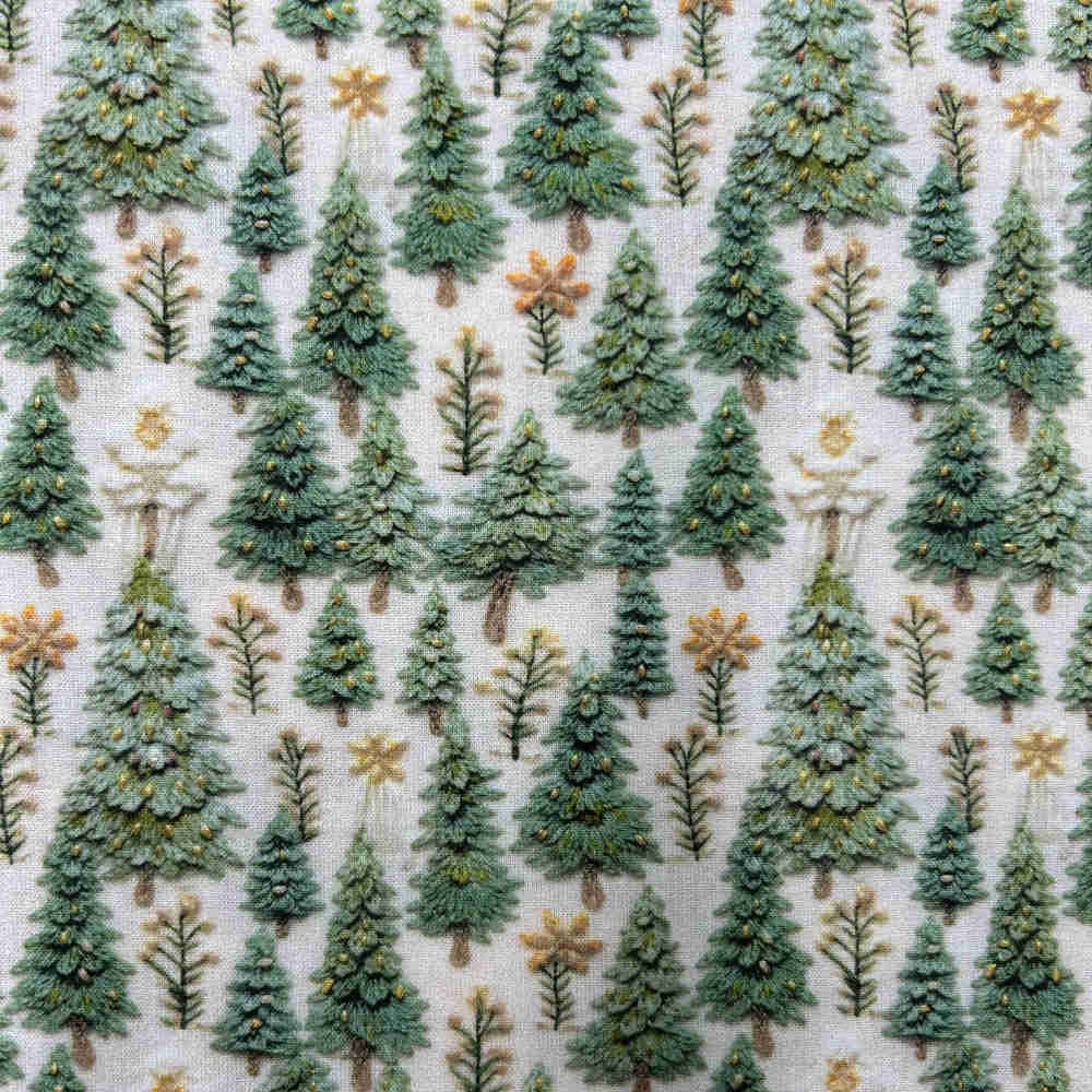 Tissu popeline de Noël imprimé d'arbres et de fleurs